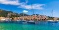 View at amazing archipelago with fishing boats in town Hvar, Croatia. Harbor of old Adriatic island town Hvar. Popular touristic Royalty Free Stock Photo