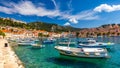 View at amazing archipelago with fishing boats in town Hvar, Croatia. Harbor of old Adriatic island town Hvar. Popular touristic Royalty Free Stock Photo