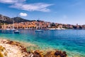 View at amazing archipelago in front of town Hvar, Croatia. Harbor of old Adriatic island town Hvar. Popular touristic destination Royalty Free Stock Photo