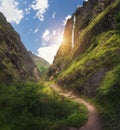 View with amazing Himalayan mountains with waterfall Royalty Free Stock Photo