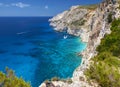 View on amazing island rock mountains bay in Ionian Sea clear blue water and Blue Caves. Green rocks in blue sea landscape. Greece Royalty Free Stock Photo