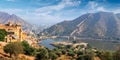 View of Amer Amber fort and Maota lake, Rajasthan, India Royalty Free Stock Photo