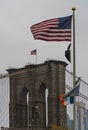 View of American flag and Brooklyn bridge from DUMBO Royalty Free Stock Photo