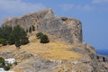 View of the ancient Acropolis of Lindos in August. Rhodes Island, Dodecanese, Greece Royalty Free Stock Photo