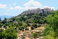 A view of the ancient Agora of Athens with the Acropolis and Parthenon in the background. Royalty Free Stock Photo