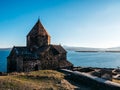 View of ancient buildings, Sevanavank Monastery on blue sky background. Historical churches and cathedrals at the northwestern Royalty Free Stock Photo