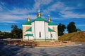 View of ancient Church of the Saviour at Berestovo. A portion of the wall cleaned from stucco belongs to the early 12th century.