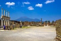 View of the ancient city, the ruined ancient columns and the volcano Vesuvius, Pompeii Scavi di Pompei, Naples, Italy.