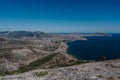View of the ancient city of Sudak and the Genoese fortress on the Black Sea coast in Crimea Royalty Free Stock Photo