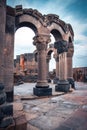 View of ancient column in Zvartnos temple in Armenia concept photo.