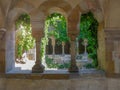 View of the ancient courtyard lit by the midday sun through stone arches with columns. Lush green ivy