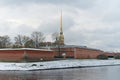 St. Petersburg, Russia, October 28, 2023. View of the wall of the Peter and Paul Fortress and the spire of the cathedral.