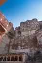 View of ancient huge stone walls of famous Mehrangarh fort , Jodhpur, Rajasthan, India, from below. Ancient architecture Rajput