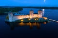 View of the ancient Olavinlinna fortress, night shooting from a quadrocopter. Savonlinna, Finland Royalty Free Stock Photo