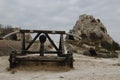 Les Baux-de-Provence, France - OCTOBER 21, 2017: View of the ancient siege weapon against the medieval castle