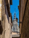 View from the ancient streets of the spire of the Toledo Cathedral in Toledo, Spain Royalty Free Stock Photo