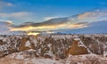 View of ancient Uchisar cave town and a castle of Uchisar dug from a mountains in Cappadocia, Central Anatolia,Turkey Royalty Free Stock Photo