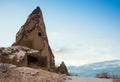 View of ancient Uchisar cave town and a castle of Uchisar dug from a mountains in Cappadocia, Central Anatolia,Turkey Royalty Free Stock Photo