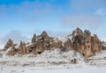 View of ancient Uchisar cave town and a castle of Uchisar dug from a mountains in Cappadocia, Central Anatolia,Turkey Royalty Free Stock Photo