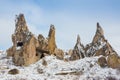 View of ancient Uchisar cave town and a castle of Uchisar dug from a mountains in Cappadocia, Central Anatolia,Turkey Royalty Free Stock Photo