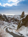 View of ancient Uchisar cave town and a castle of Uchisar dug from a mountains in Cappadocia, Central Anatolia,Turkey Royalty Free Stock Photo