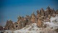 View of ancient Uchisar cave town and a castle of Uchisar dug from a mountains in Cappadocia, Central Anatolia,Turkey Royalty Free Stock Photo