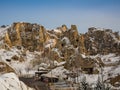 View of ancient Uchisar cave town and a castle of Uchisar dug from a mountains in Cappadocia, Central Anatolia,Turkey Royalty Free Stock Photo