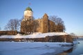 View of the ancient Vyborg castle, sunny January evening. Leningrad region, Russia