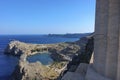 View from the ancient wall of the citadel of the Acropolis of Lindos on St Paul`s Bay and the ocean. Rhodes. Greece Royalty Free Stock Photo