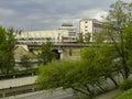 View of Andronikov railway viaduct and of Artplay center building. Royalty Free Stock Photo