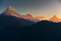 View of Annapurna and Machapuchare peak at Sunrise from Poonhill, Nepal.