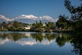 View at Annapurna mountain range and its reflection in Phewa lake in Pokhara, Nepal Royalty Free Stock Photo