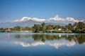 View at Annapurna mountain range and its reflection in Phewa lake in Pokhara, Nepal