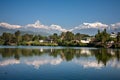 View at Annapurna mountain range and its reflection in Phewa lake in Pokhara, Nepal