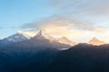 View of Annapurna mountain range from Poon Hill 3210 m on sunrise. It`s the famous view point in Gorepani village in Annapurna Royalty Free Stock Photo