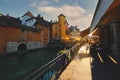 view of Annecy city and colourful medieval houses at sunset in France