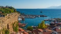 View of Antalya harbor, Mediterranean sea and seacoast, Antalya, Turkey