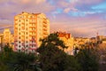 View of apartment buildings at sunset, Sochi, Russia