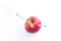 View of the Apple with punched needles and syringes as a concept for modifying food / white background Royalty Free Stock Photo