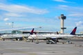 View of apron of John F. Kennedy JFK International airport. Royalty Free Stock Photo