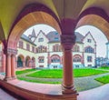 The view through arcades of cloister of State Archives Basel-stadt in Basel, Switzerland