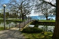 View of the arch bridge in Villette-Park on the shore of Lake Zug. Cham, Switzerland.