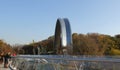 View of the arch of friendship of peoples from the bicycle-foot bridge. Kiev