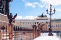 View of Arch of General Staff in Palace Square at frosty snow winter day, St. Petersburg, Russia