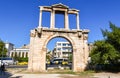 View of The Arch of Hadrian, most commonly known in Greek as Hadrian`s Gate in the historic center of Athens, Greece