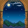 View through the arch of the stone castle at night landscape by the light of the full moon. Sketch for card or poster on Royalty Free Stock Photo