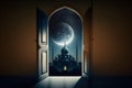 View from the arch to the mosque and the full moon, Ramadan, Generative AI 1 Royalty Free Stock Photo