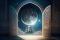 View from the arch to the mosque and the full moon, Ramadan, Generative AI 2 Royalty Free Stock Photo