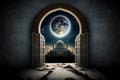 View from the arch to the mosque and the full moon, Ramadan, Generative AI Royalty Free Stock Photo