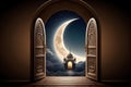 View from the arch to the mosque and the moon, Ramadan, Generative AI Royalty Free Stock Photo